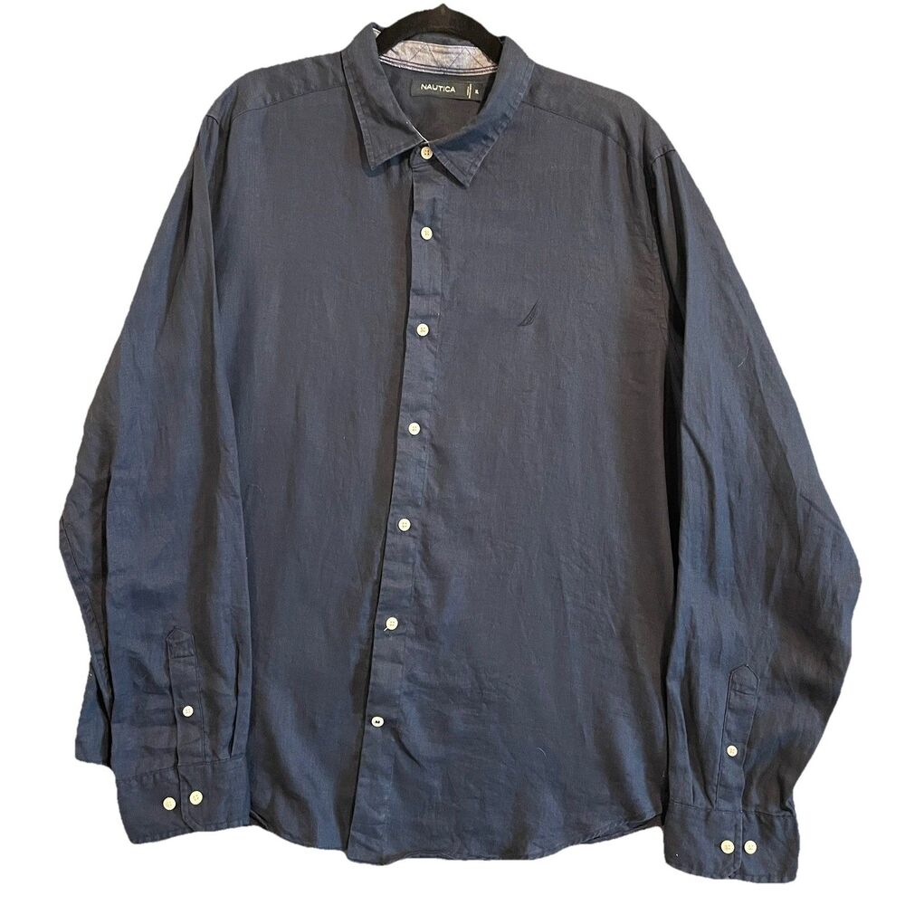 Nautica Men's Button Down Shirt 100% Linen Navy Blue Long Sleeve Size XL